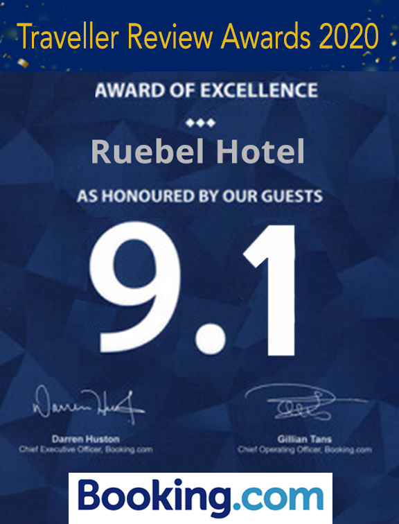 Booking.com Traveller Review Awards 2020 Award of Excellence for the Ruebel Hotel with a 9.1 rating